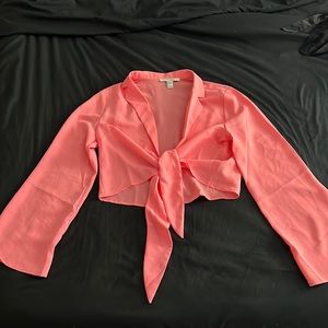 Forever 21 Hot/Neon Pink Tie Front Long Sleeve Crop Top